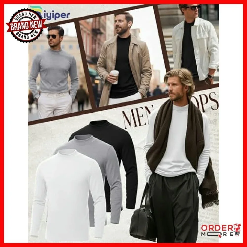 Men's Big Tall Mock Turtleneck Long Sleeve Cotton Tees 3-Pack Loose Fit